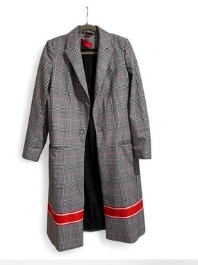 HUGO Plaid Trench Coat with Red Stripe